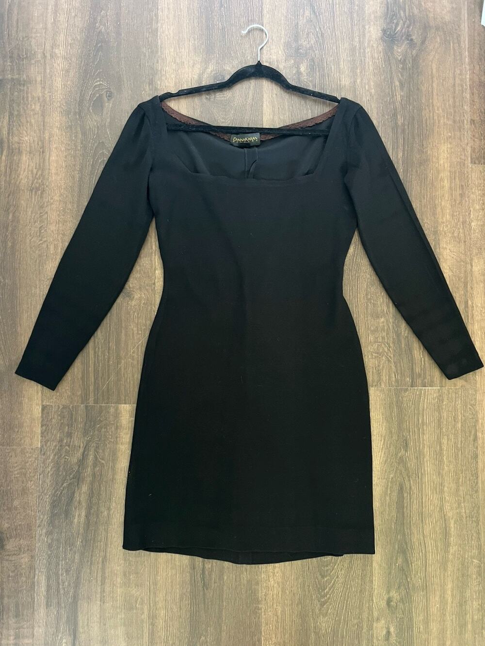 Vintage 90's Donna Karan Black Wool Long Sleeve Dress LBD 6 Square Neck mini